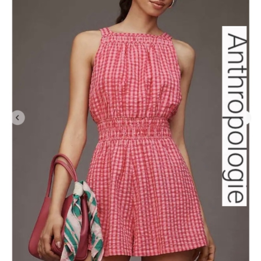 Anthropologie Somerset pink checked romper, XS, GL1303